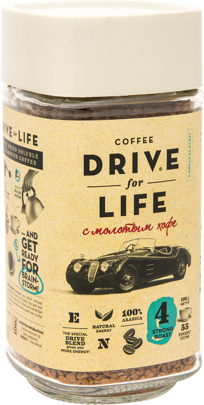 Кофе Drive For Life Strong натуральный растворимый с добавлением молотого, 100г — фото 2