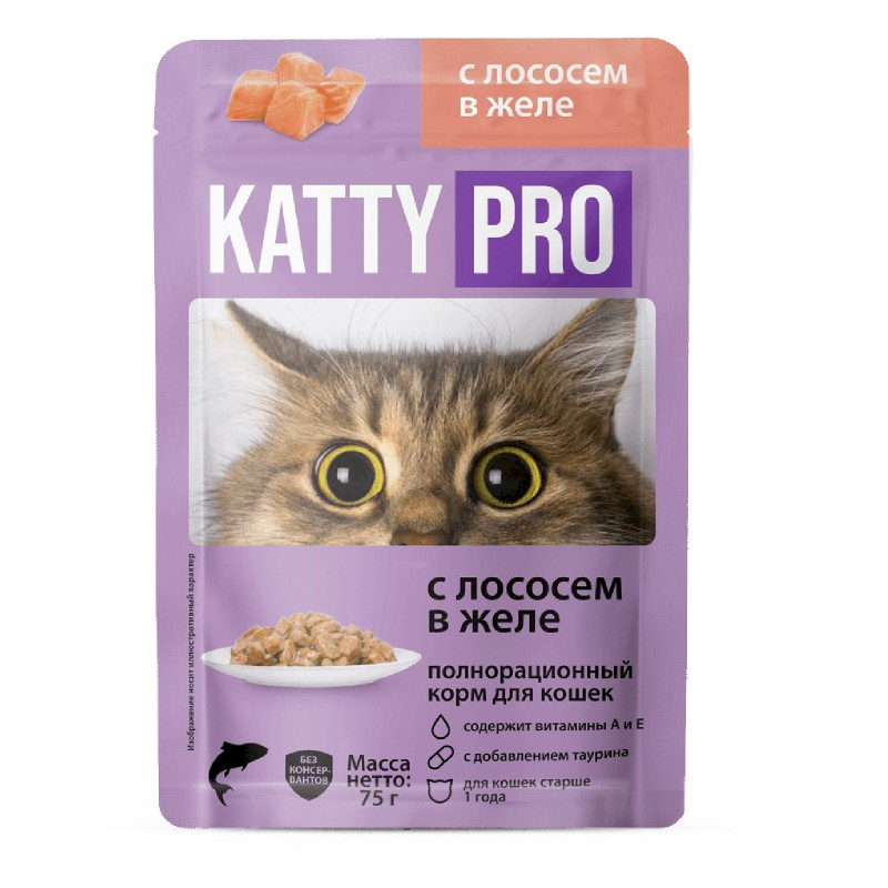 Корм для кошек Katty Pro с лососем в желе консервированный полнорационный, 75г