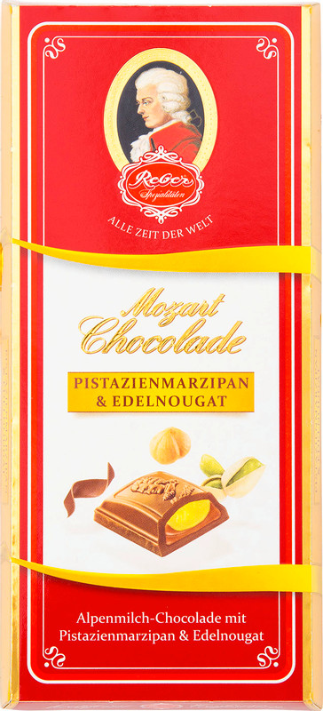 Шоколад молочный Reber Mozart AlpenVollmilch с ореховым пралине и марципаном, 100г — фото 1