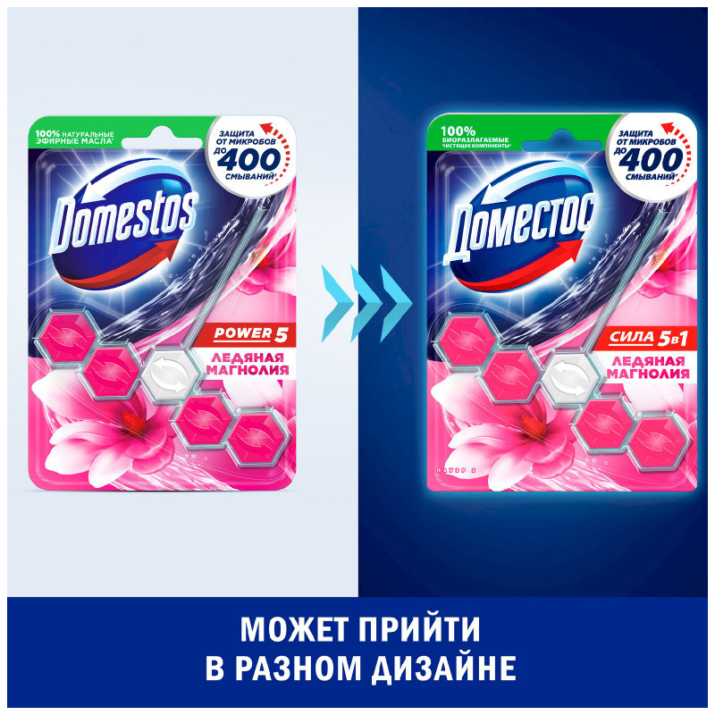 Блок для очищения Domestos Power 5 для унитаза ледяная магнолия, 55г — фото 1