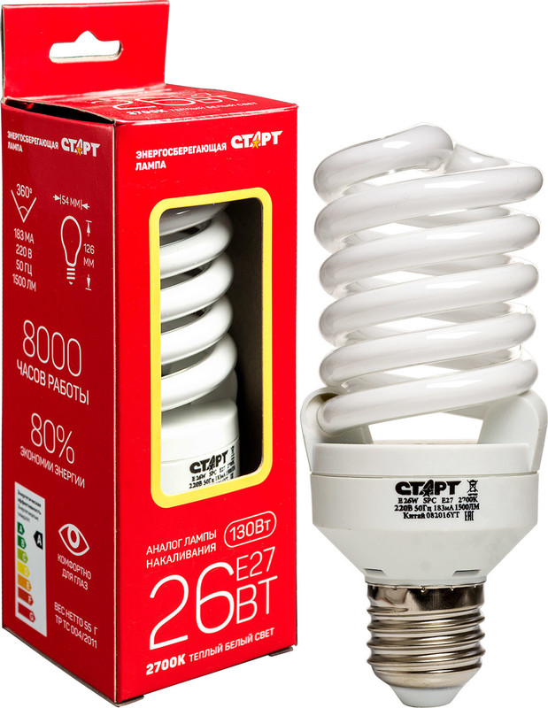 Лампа энергосберегающая Старт E 26W SPC E27 2700K энергосберегающая