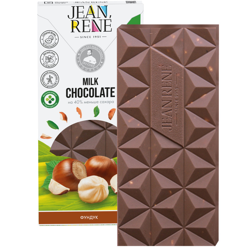 Шоколад молочный Jean Rene фундук с пониженным содержанием сахара 37%, 80г — фото 1