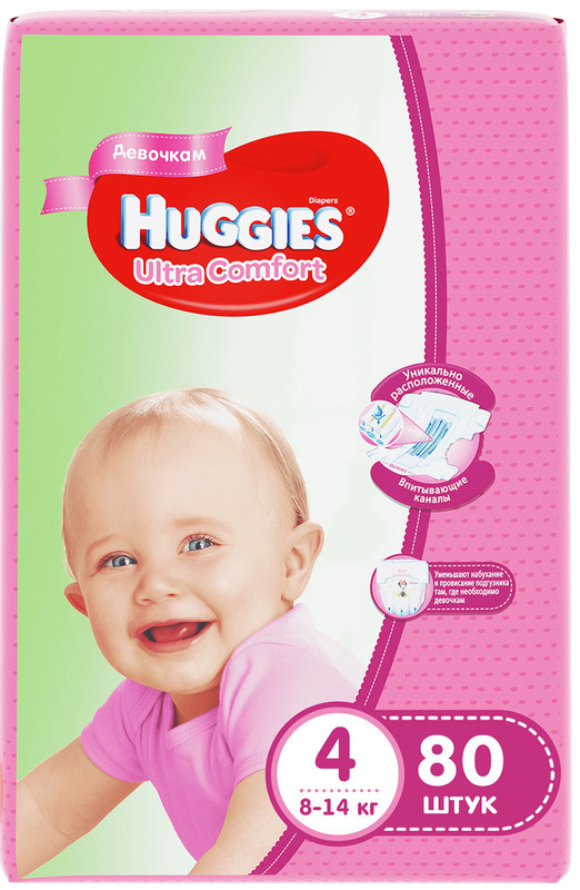 Подгузники Huggies Ultra Comfort для девочек р.4 8-14кг, 80шт — фото 1