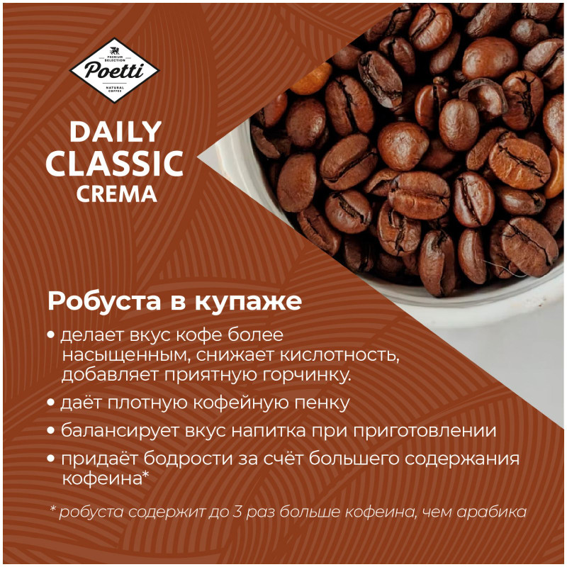 Кофе Poetti Daily Classic Crema натуральный жареный в зернах, 250г — фото 5