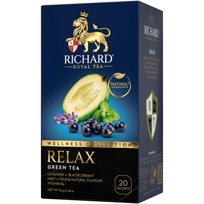 Чай Richard Велнес Коллекшн Релакс зелёный с ароматом фейхоа/с кусочками ягод чёрной смородины/с лавандой и мятой, 20х1,5г