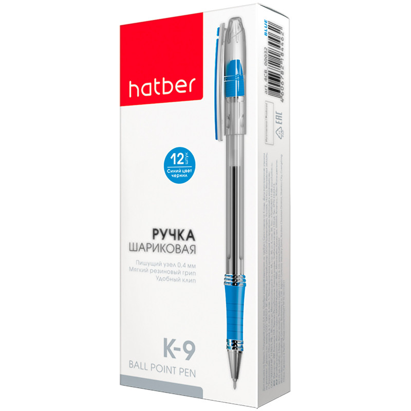 Ручка Hatber K-9 масляная шариковая с колпачком и клипом с резиновым грипом 0.4мм синяя, 12шт — фото 1