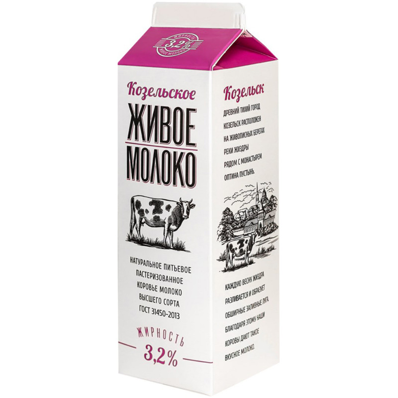 Молоко Козельск Живое Молоко пастеризованное 3.2%, 950мл