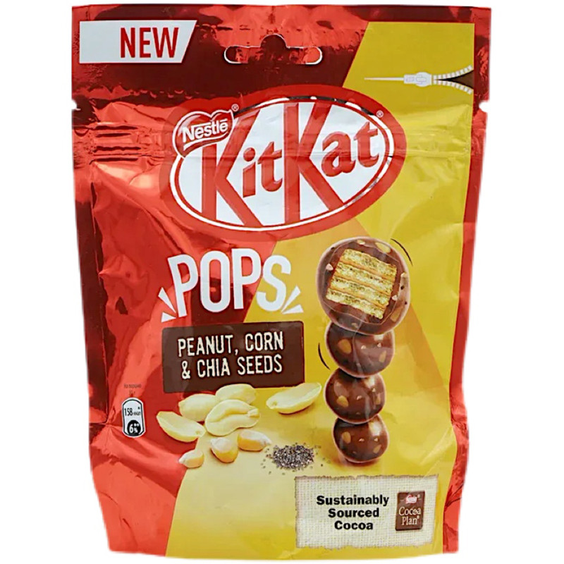 Шоколад молочный Kitkat Pops арахис-кукуруза-семена чиа-хрустящая вафля, 110г