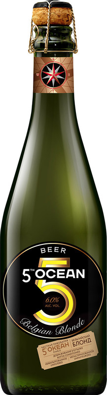 Пиво 5th Ocean Бельгийский блонд светлое нефильтрованное 6%, 750мл