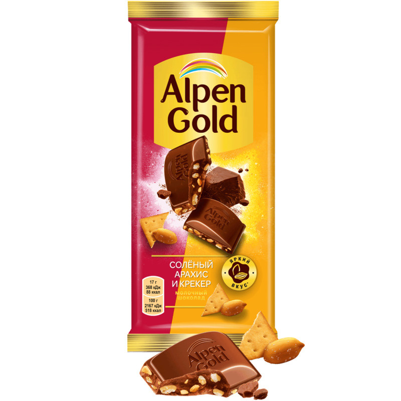 Шоколад Alpen Gold молочный с соленым арахисом и крекером, 80г — фото 2