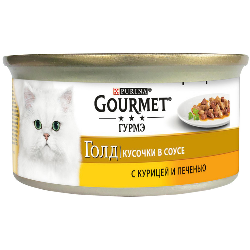Корм Gourmet Gold курица-сердце-печень кусочки в подливе для кошек, 85г