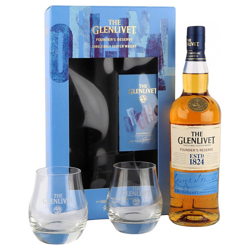 Виски Glenlivet Фаундерс Резерв шотландский односолодовый 40% в подарочной упаковке, 700мл + 2 стакана — фото 1