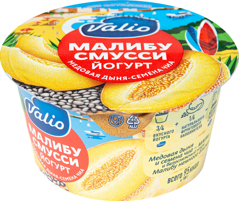 Йогурт Valio Clean label Малибу смусси медовая дыня-семена чиа 2.6%, 140г