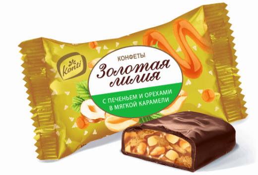 Конфеты Konti Золотая лилия с печеньем и орехами в мягкой карамели