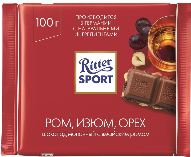 Шоколад Ritter Sport молочный ром-изюм-орехи, 100г