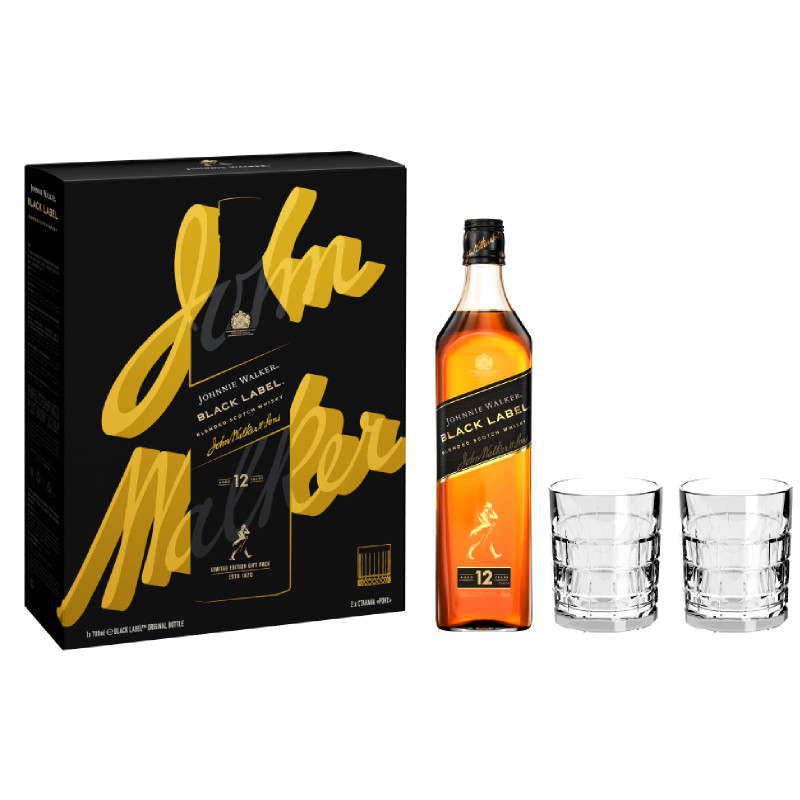 Виски Johnnie Walker Black Label 12-летний шотландский купажированный 43%, 750мл + 2 бокала — фото 1