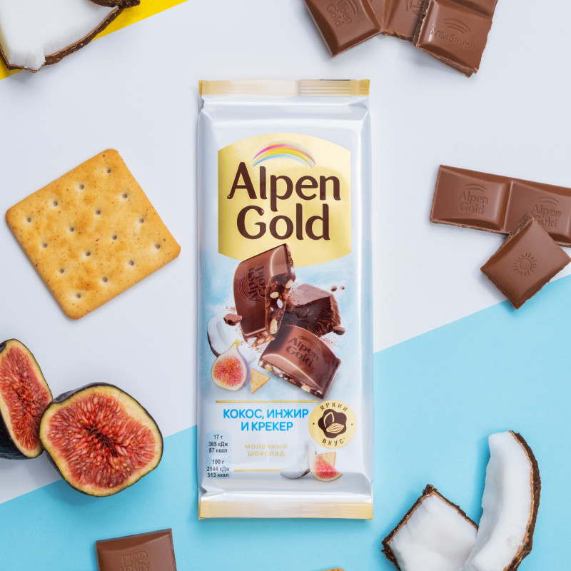 Шоколад молочный Alpen Gold Инжир+кокос и соленый крекер, 85г — фото 3