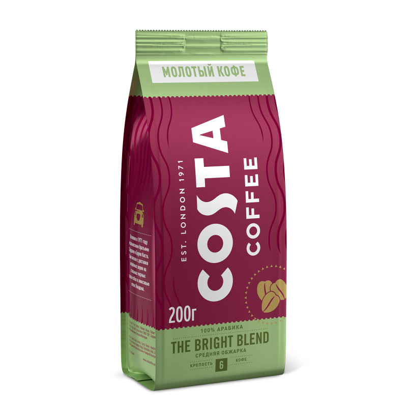 Кофе Costa Coffee Bright Blend Средняя обжарка, молотый, 200г — фото 1