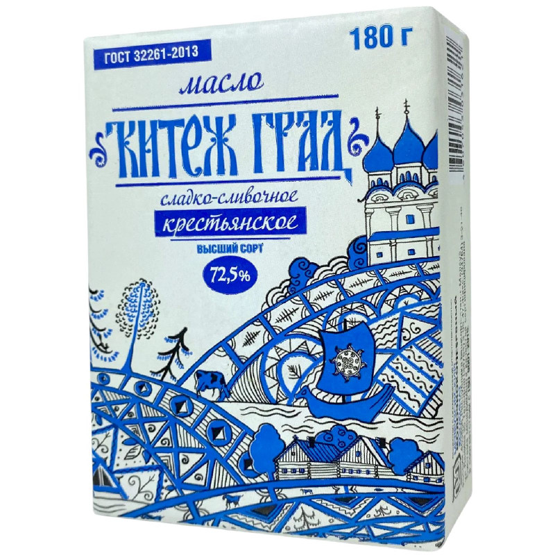 Масло сладкосливочное Китеж Град Крестьянское несолёное 72.5%, 180г