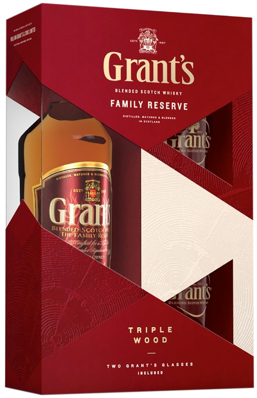 Виски Grants Фемили Резерв 40% в подарочной упаковке, 750мл + 2 стакана