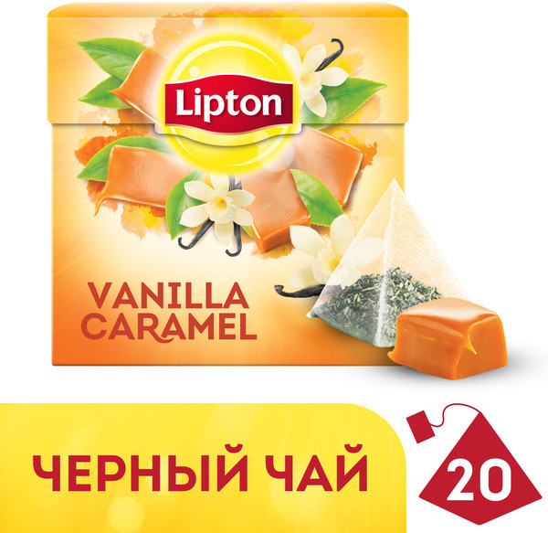 Чай Lipton Vanilla Caramel чёрный байховый с ароматом ванили и карамелью в пирамидках, 20х1.47г — фото 1
