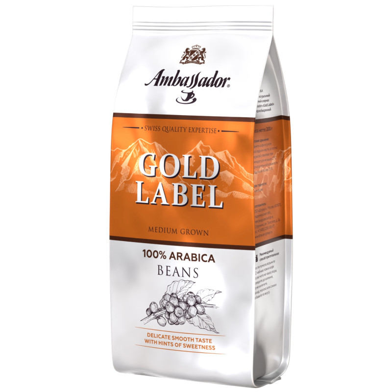 Кофе Ambassador Gold Label натуральный жареный в зёрнах, 200г