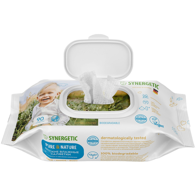 Салфетки влажные Synergetic Pure&Nature пантенол и овсяное молочко детские, 90шт — фото 1