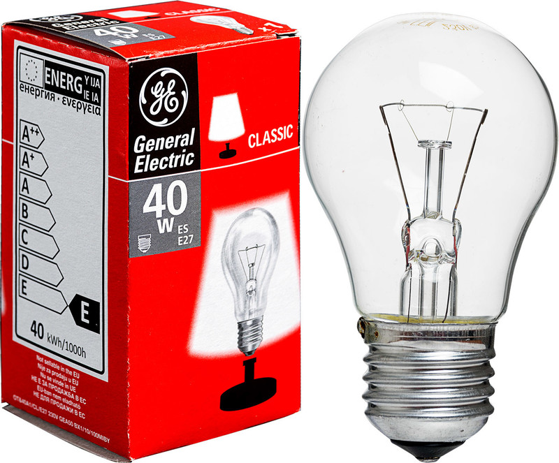 Лампа накаливания General Electric 40A1 CL E27 230V прозрачная