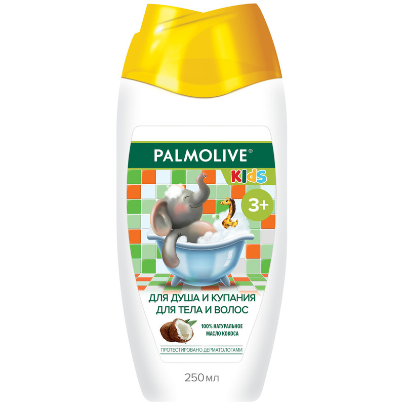 Гель для душа Palmolive Kids детский от 3 лет с маслом кокоса для тела и волос, 250мл