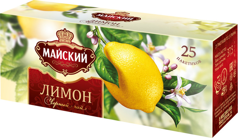 Чай Майский чёрный лимон в пакетиках, 25х1.5г