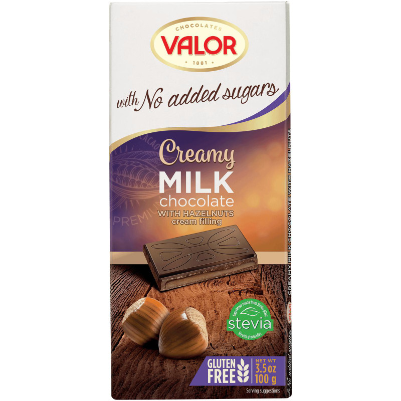 Шоколад молочный Valor с кремовой ореховой начинкой без добавления сахара, 100г