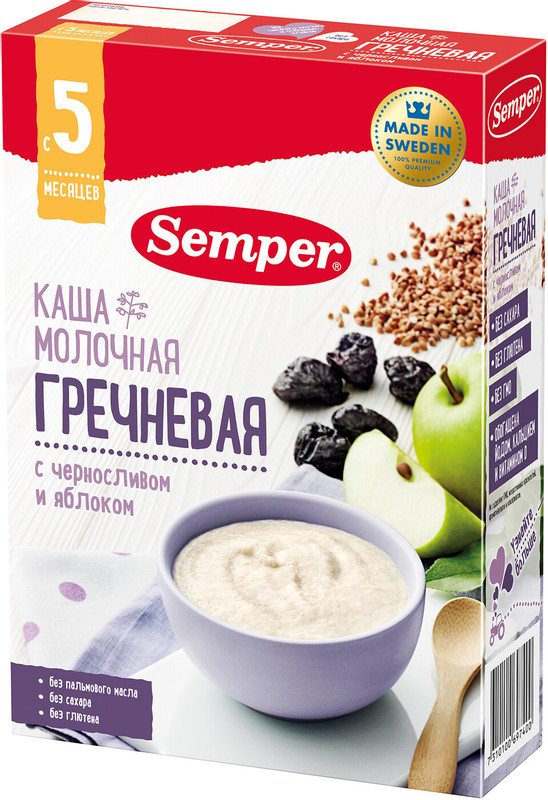 Каша Semper молочная гречневая с черносливом и яблоком с 5 месяцев, 200г