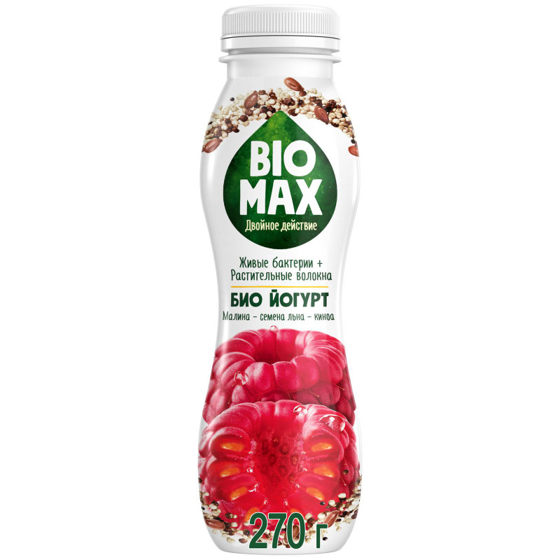 Биойогурт BioMax Малина-Cемена льна-Киноа 1.6%, 270мл