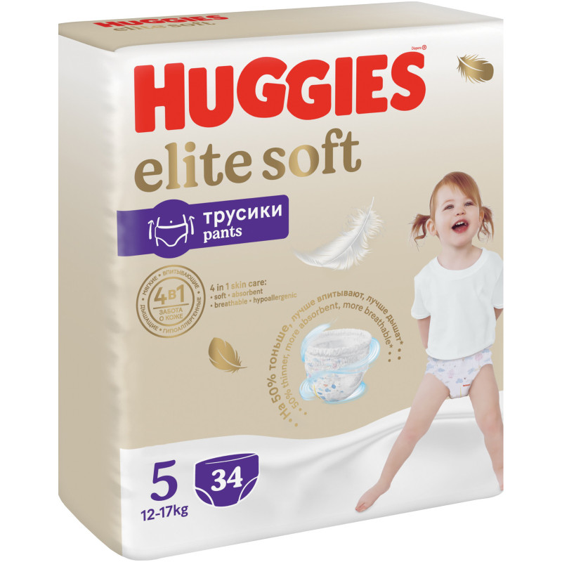 Трусики-подгузники Huggies Elite Soft р.5 12-17кг, 34шт — фото 1