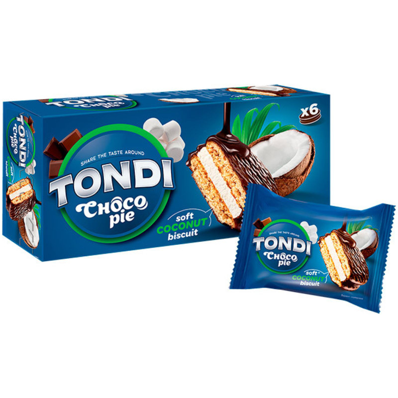 Пирожное Tondi Choco Pie глазированное кокосовое, 6х30г — фото 1