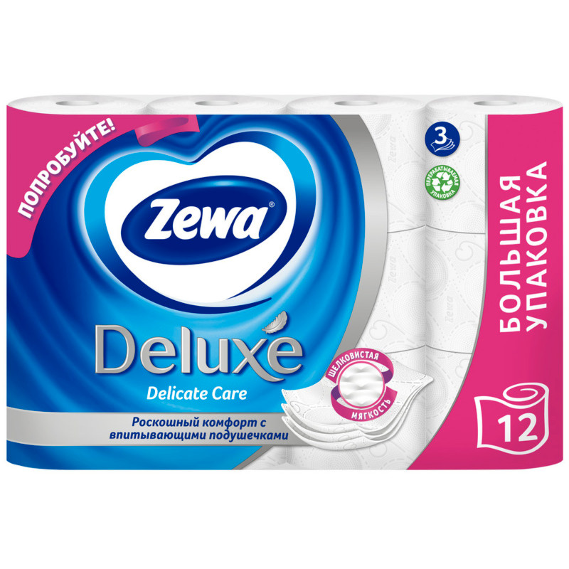 Туалетная бумага Zewa Deluxe белая 3 слоя, 12шт