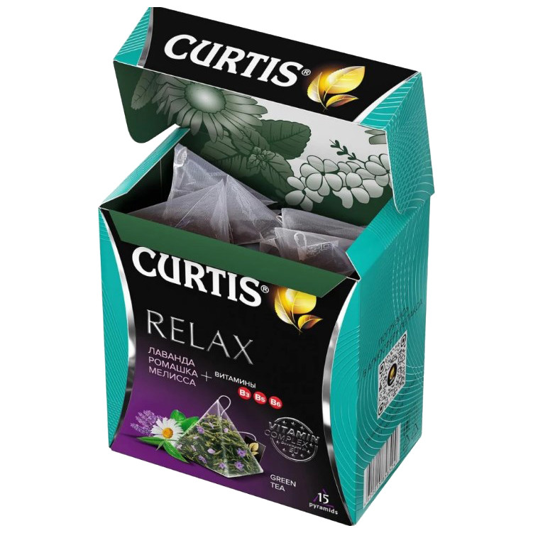 Чай зелёный Curtis Relax мелисса-лаванда-ромашка-лепестки цветов листовой, 15х1.7г — фото 1