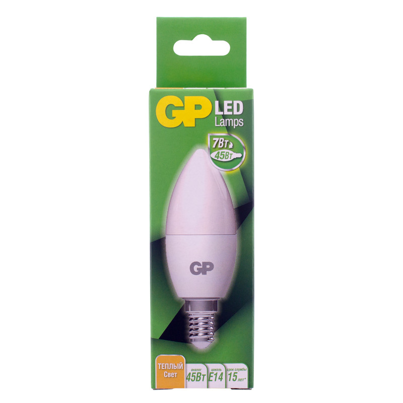 Лампа светодиодная GP LED C37 E14 27K 2CRB1 7W тёплый свет — фото 1