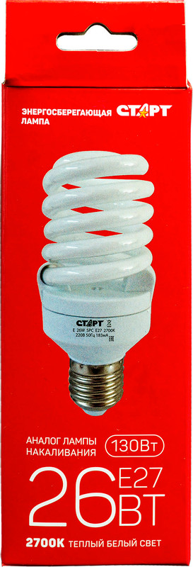 Лампа энергосберегающая Старт E 26W SPC E27 2700K энергосберегающая — фото 4