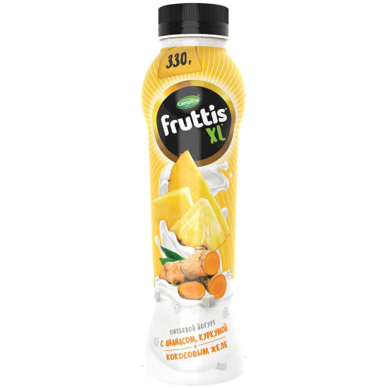 Йогурт Fruttis XL питьевой Ананас-куркума и кусочки кокосового желе Ната де Коко 2%, 330мл