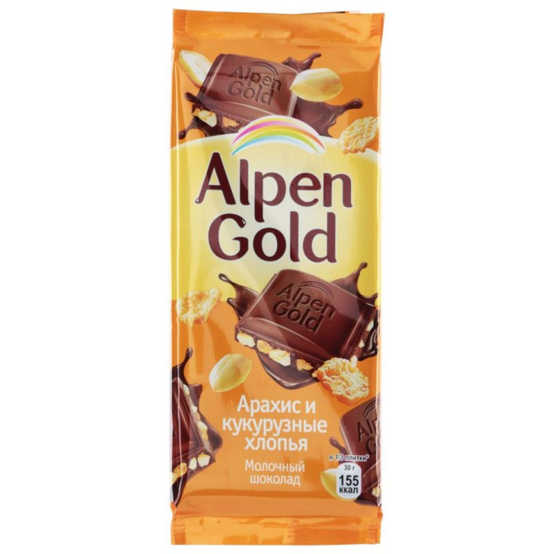 Шоколад молочный Alpen Gold с арахисом и кукурузными хлопьями, 90г