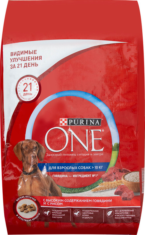 Корм сухой Purina one с высоким содержанием говядины и с рисом для взрослых собак, 7кг