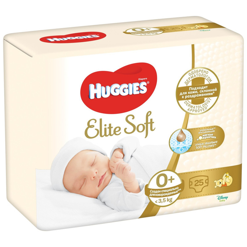 Подгузники Huggies Elite Soft р.0+ до 3.5кг, 25шт — фото 1