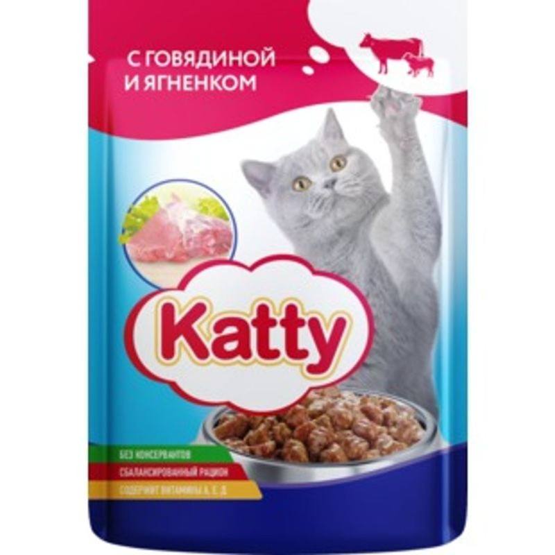 Корм Katty с говядиной и ягненком в соусе для кошек, 85г