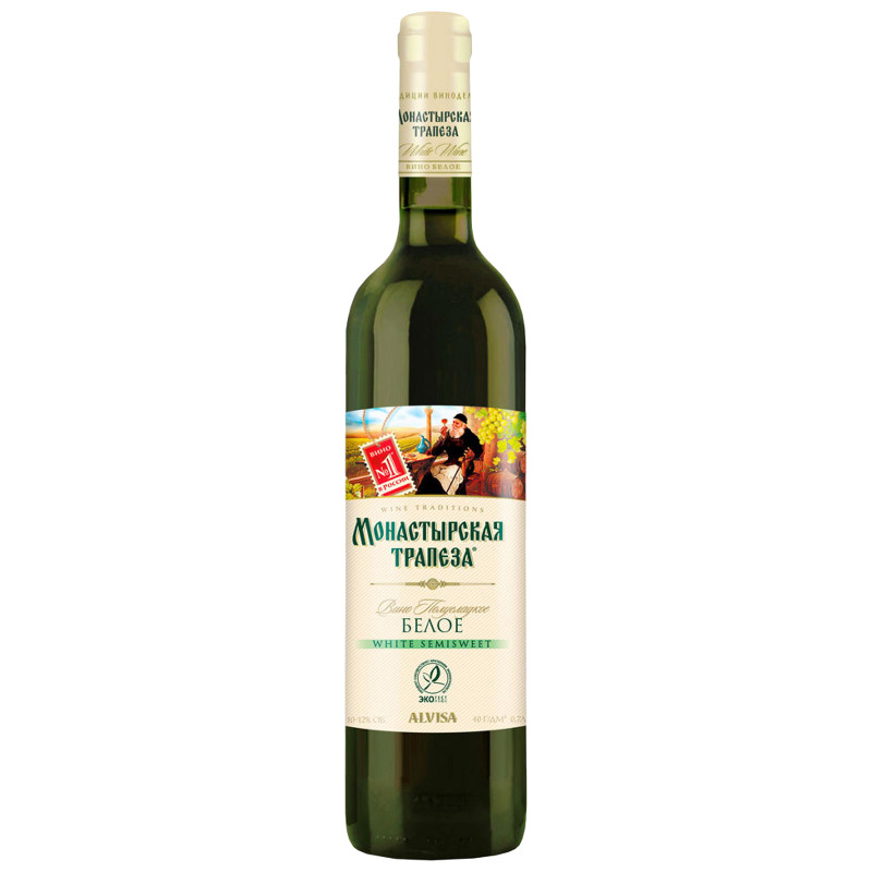 Вино Монастырская Трапеза белое полусладкое 10-12%, 700мл