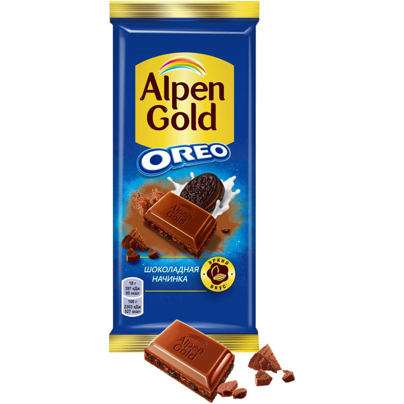 Шоколад молочный Alpen Gold с шоколадной начинкой и кусочками печенья Орео, 90г — фото 1