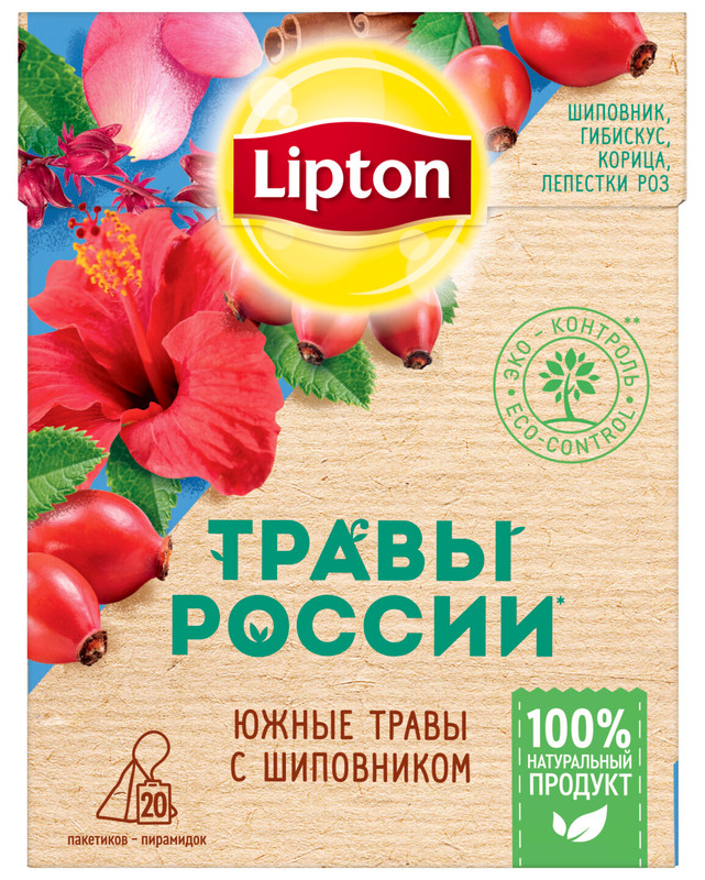 Чай Lipton Травы России травяной с шиповником в пирамидках, 20х2г — фото 1