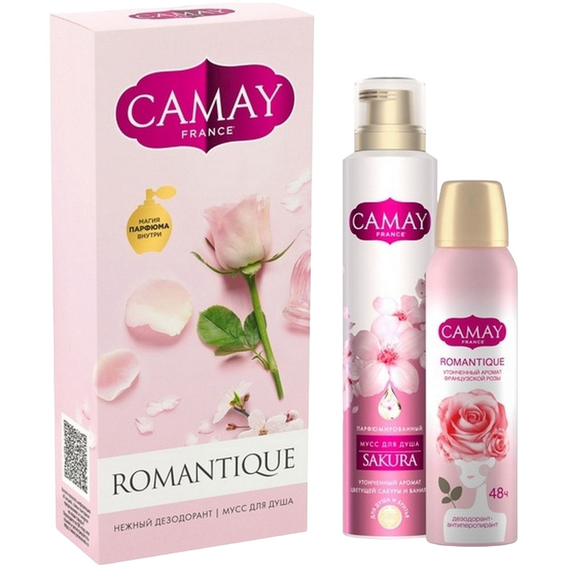 Подарочный набор Camay Romantique дезодорант Романтик, 150мл + мусс для душа Сакура, 200мл