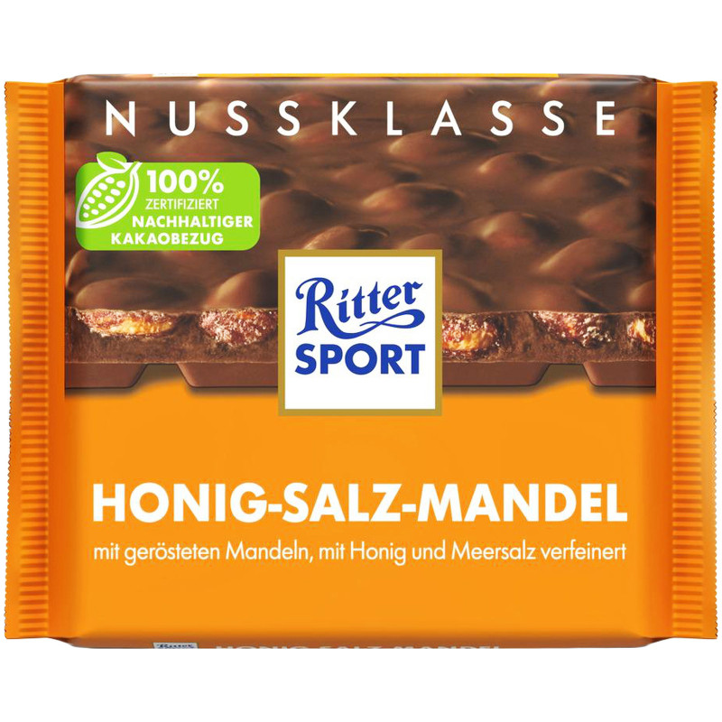 Шоколад молочный Ritter Sport солёный миндаль и мёд, 100г
