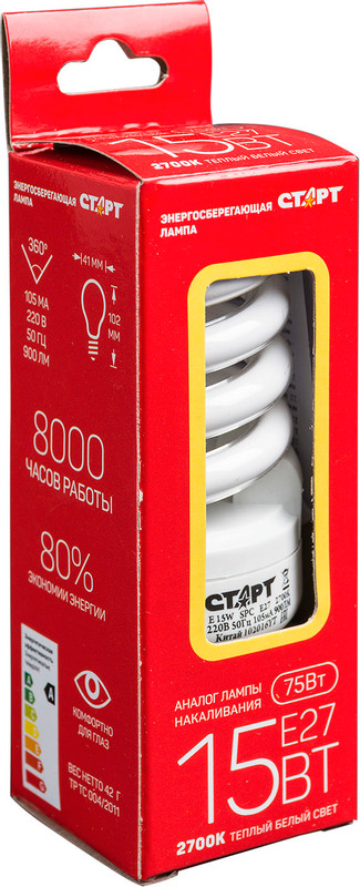 Лампа люминесцентная Старт WSPC E15 E27 2700K 8Y энергосберегающая — фото 7